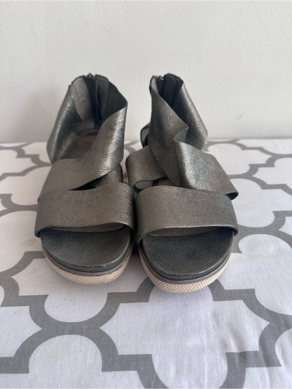Metallic Gray Women's Wrap Sandals with Platform Sole